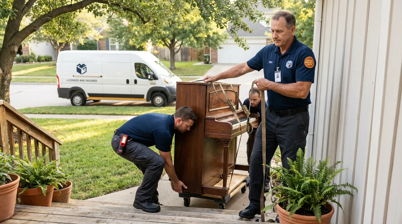 Licensed piano movers securing grand piano in Robertsdale, AL
