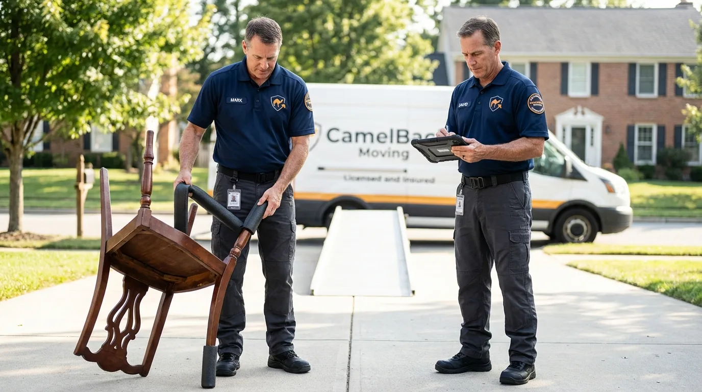 Movers inspecting furniture for damage prevention before loading in Robertsdale, AL