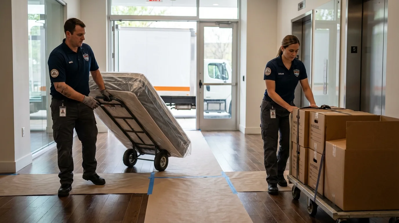 Professional apartment movers loading elevator in Robertsdale, AL